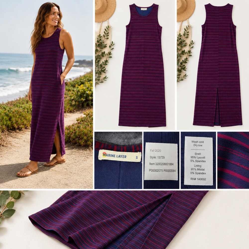 Marine Layer Lexi Striped Midi Dress Burgundy Red Navy Sleeveless Racerback S‎